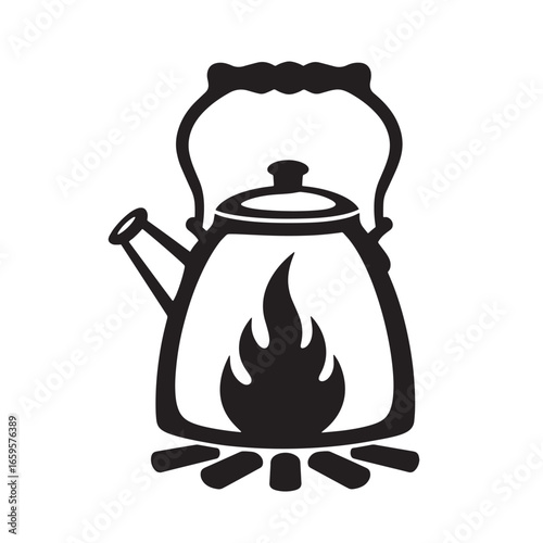 Stylized illustration of a kettle on a campfire depicting outdoor adventure and warmth