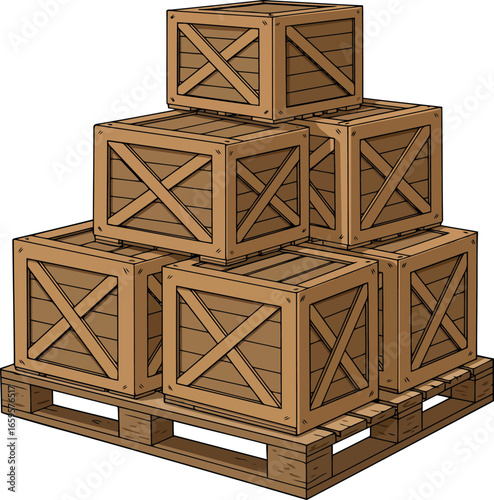 Stack of wooden shipping crates on a wooden pallet ready for transportation and storage industry logistics vector