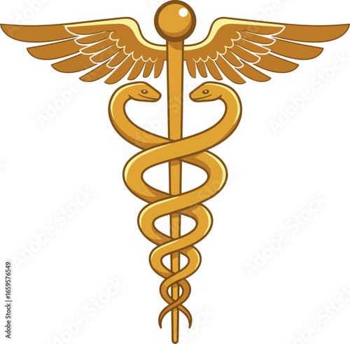 Golden caduceus medical symbol with wings and snakes representing healthcare medicine and pharmacy professionally rendered vector