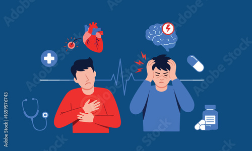 Illustration Of Man Holding Chest With Medical Icons And Pills, Suitable For Cardiology, Hospital, And Doctor Awareness Campaigns