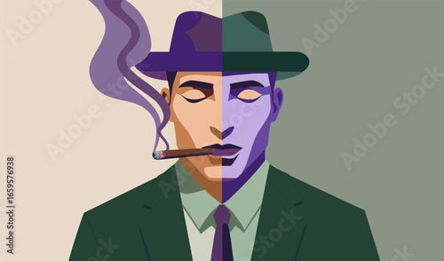 Man in suit and hat, smoking a cigar with smoke belowing in the air, and eye closed. Split layout with striking color contrasts. Modern and poster-like design.