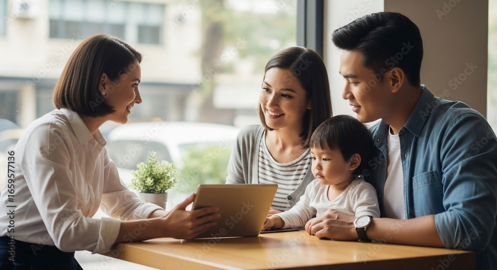 Professional Advisor Discussing Future Plans with Young Family on Tablet Professional Advisor Discussing Future Plans with Young Family on Tablet