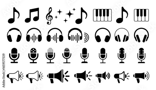 Collection of Music and Audio Icons: Notes, Headphones, Microphones, Keyboards, Megaphones