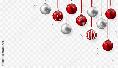 Silver and red christmas balls with snowfall
