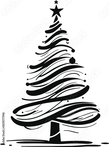 Black and white hand-drawn Christmas tree vector, bold smooth ink line art, minimal doodle style, abstract festive silhouette, professional high-quality vector illustration