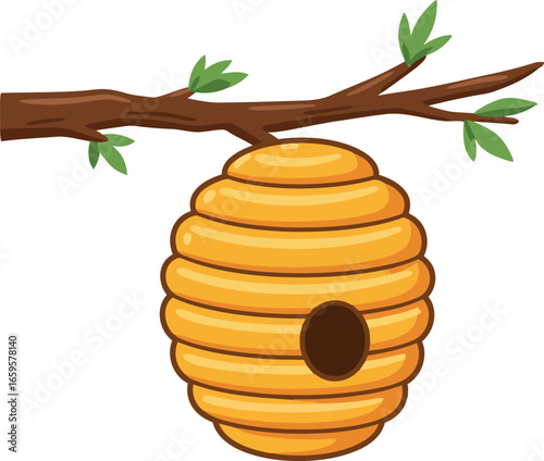 Beekeeping natural apiary hive hanging on tree branch with green leaves rustic farm nature element for honey production theme vector