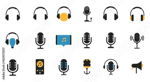 Collection of various microphones and headsets icons in different colors and styles