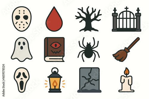 Halloween icon set: ghost, witch broom, haunted tree, candles, and more