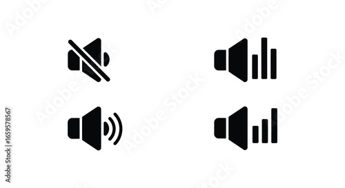 Volume control speaker icons with sound wave and mute symbols