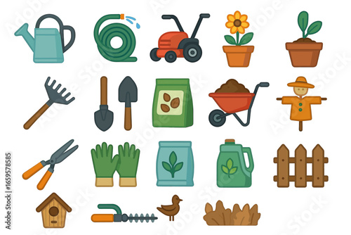 Colorful garden tools and accessories collection for outdoor gardening enthusiasts
