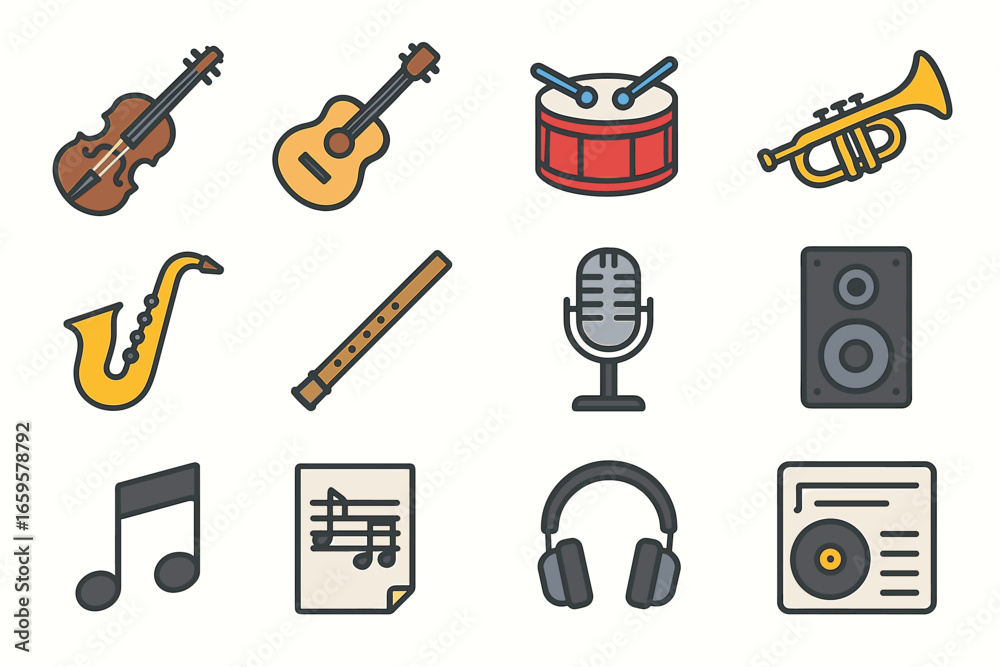 Obraz premium Colorful musical instruments icons including violin, guitar, drum, and saxophone