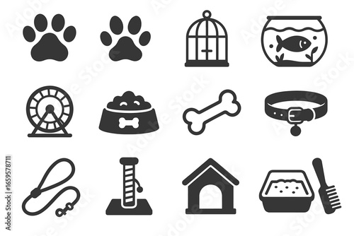 Pet care icons collection: paws, cage, bowl, fishbowl, bone, collar, leash, wheel