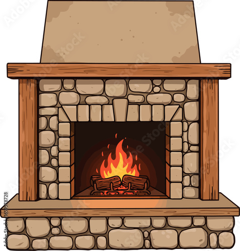 Cozy stone fireplace with burning logs and wooden mantle inviting warmth and ambiance to any room vector
