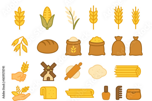 Cereal and bakery icons collection: wheat, corn, bread, windmill, pasta illustrations