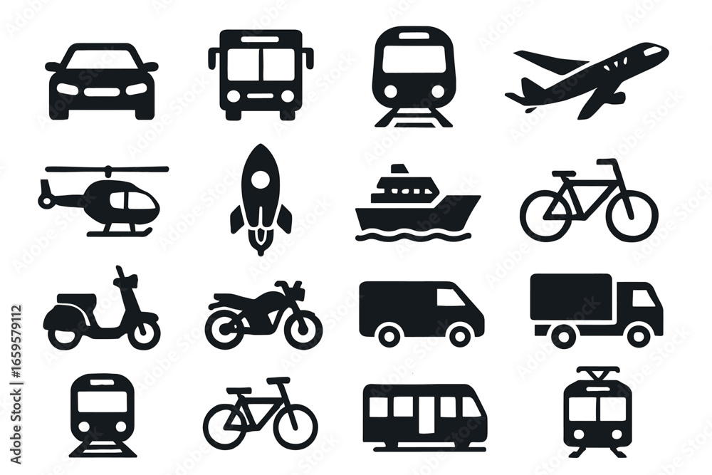 Fototapeta premium Variety of transportation icons: car, bus, train, airplane, helicopter, rocket, ship, bicycle, scooter, motorcycle, van, tram