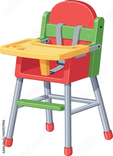 Colorful and safe baby high chair with tray and straps for feeding and mealtime activities vector