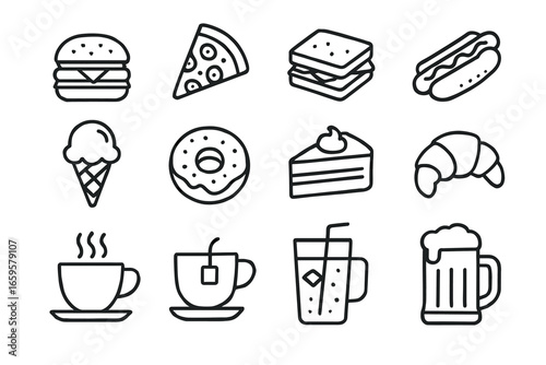 Collection of popular food and drink icons including burger, pizza, coffee, and beer