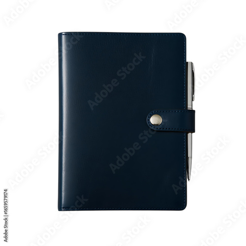 Sleek Dark Navy Blue Leather Planner with a Polished Silver Pen and Magnetic Snap