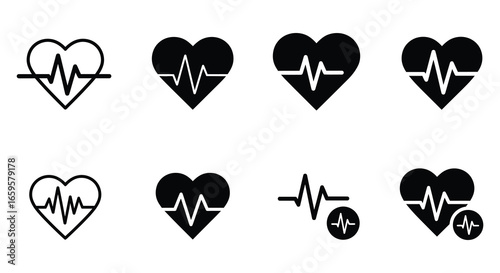 Heart rate icons with electrocardiogram waveform in various styles and formats
