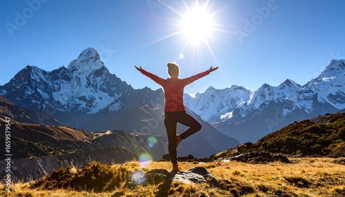 Woman in yoga pose amidst mountains