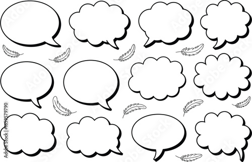 Collection of hand drawn speech bubbles and thought bubbles in various shapes
