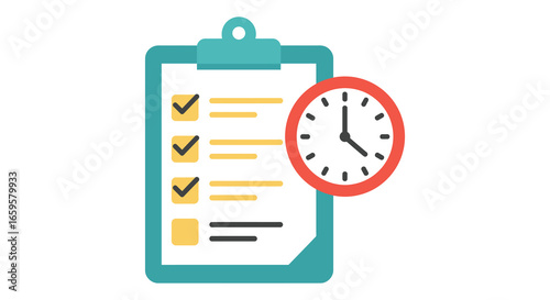 A clipboard with a checklist and a clock on the side