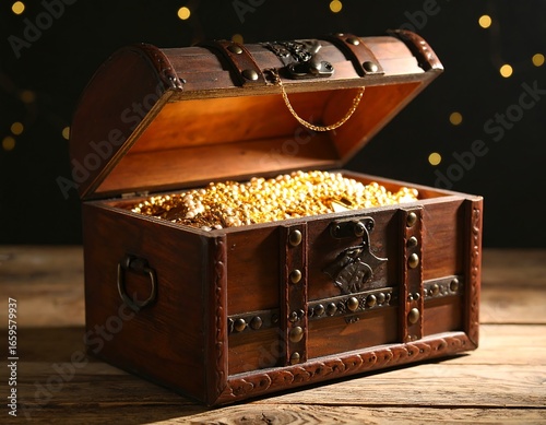 Wooden treasure chest filled with golden jewels