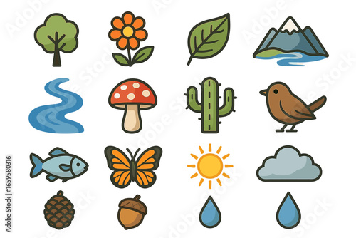 Set of nature icons: trees, flowers, animals, and weather elements