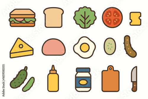 Colorful sandwich ingredients icons: bread, veggies, cheese, condiments