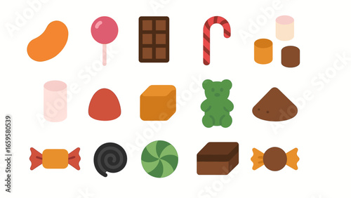 Assorted colorful candies including lollipop, chocolate bar, and gummy bear on white background