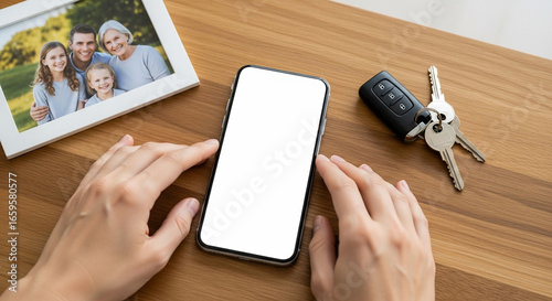 Digital Connection: Hands on Smartphone with Family Photo and Car Keys