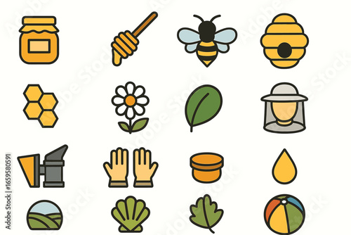 Colorful honey and beekeeping icons featuring bees, honeycombs, and beekeeper tools