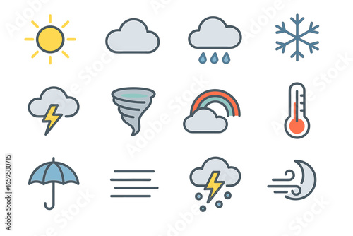 Weather icons set illustrating sun, cloud, rain, snowflake, and storm symbols