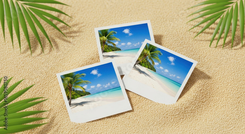 Tropical beach memories captured on instant photos sand and palm leaves embellishment