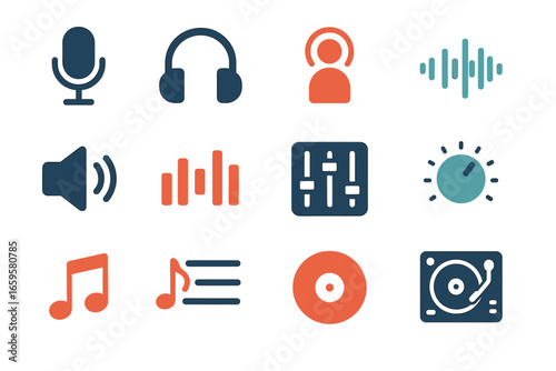 Audio and music icons: microphone, headphones, equalizer, volume, dj turntable, soundwave