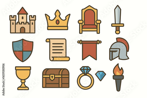Medieval icons set: castle, crown, sword, shield, and throne with helmet and scroll