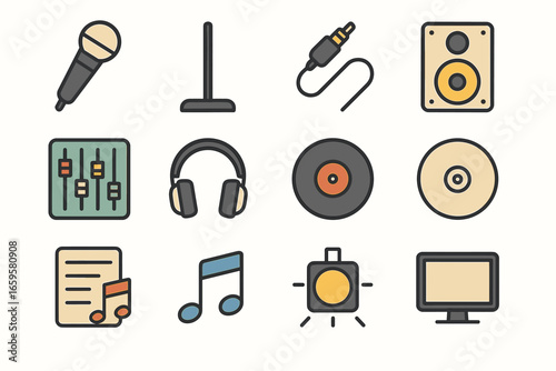 Musical equipment icons: microphone, headphones, speakers, and more