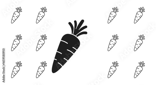 A large black carrot surrounded by smaller outlined carrots