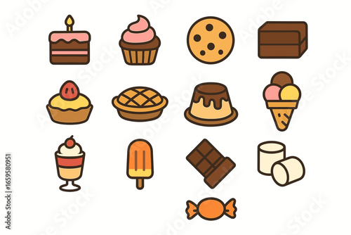 Colorful assorted dessert icons: cake, cupcake, cookie, and ice cream treats
