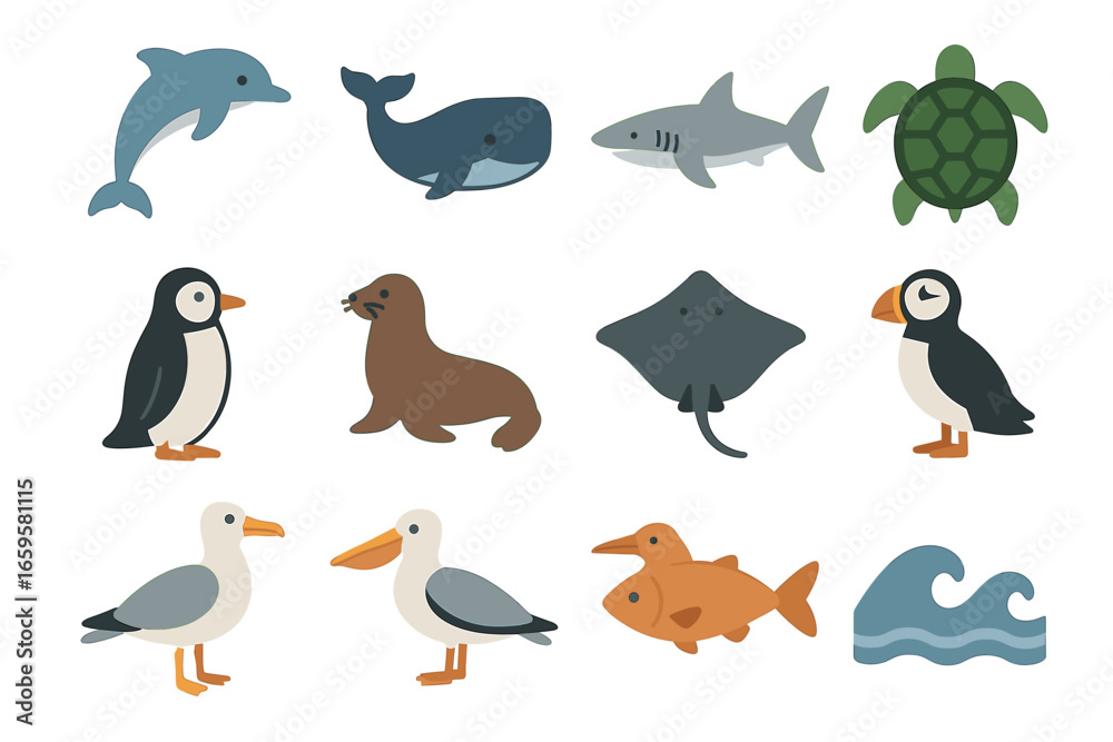 Fototapeta premium Marine animal illustrations featuring dolphins, whales, sharks, and birds