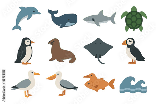 Marine animal illustrations featuring dolphins, whales, sharks, and birds