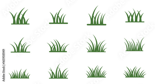 Collection of various green grass blades and black silhouettes on white background