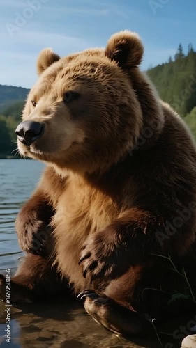 Majestic Brown Bear Contemplating by the Lake