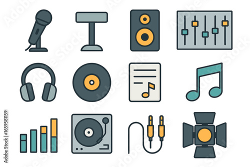 Music icons: microphone, speaker, headphones, vinyl, equalizer, note, and more
