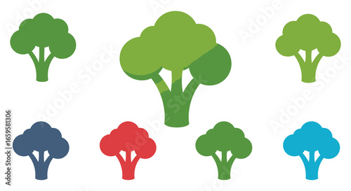 Colorful broccoli icons in different shades and sizes on white background