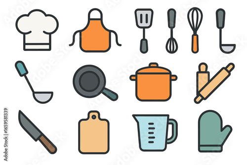 Colorful kitchen utensils collection: tools, pans, whisk, knife, measuring jug, cutting board