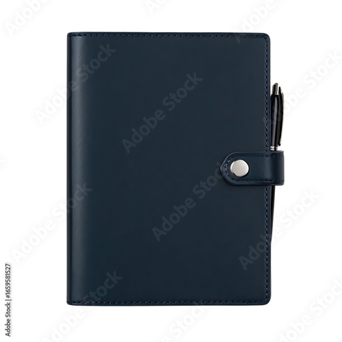 Elegant Navy Blue Leather Planner with a Polished Silver Snap Closure and Integrated Pen