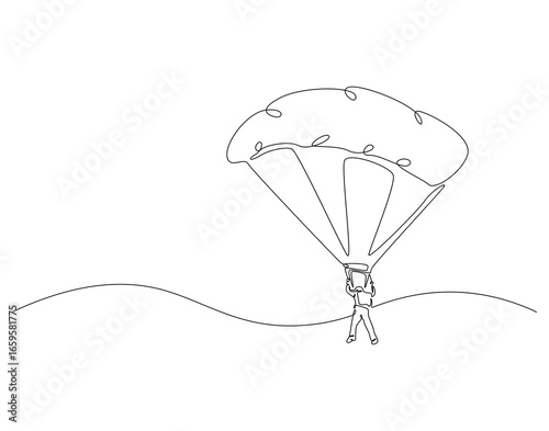 Continuous one line drawing of man flying use parachute. One line drawing illustration of paraglider, parachutist. Extreme sport concept single line. Editable outline