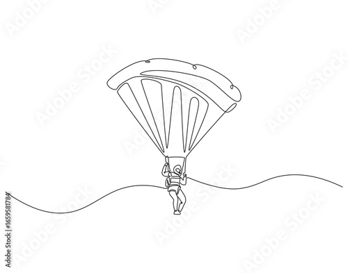 Continuous one line drawing of man flying use parachute. One line drawing illustration of paraglider, parachutist. Extreme sport concept single line. Editable outline