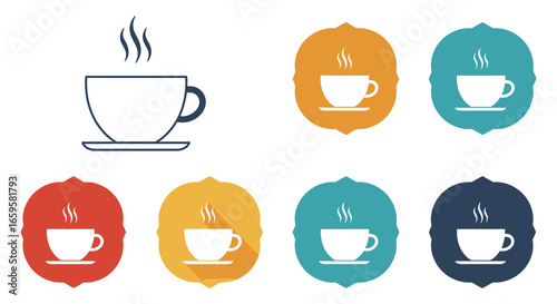 Colorful steaming coffee cups icons in different colored backgrounds